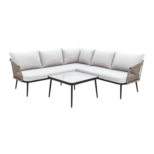 Image of DEVOKO Outdoor Indoor L-Shape All Weather Handwoven Rope Patio Set with Glass Top Coffee Table for Backyard, Balcony, Pool, Terrace, Garden (Beige & Off-White)