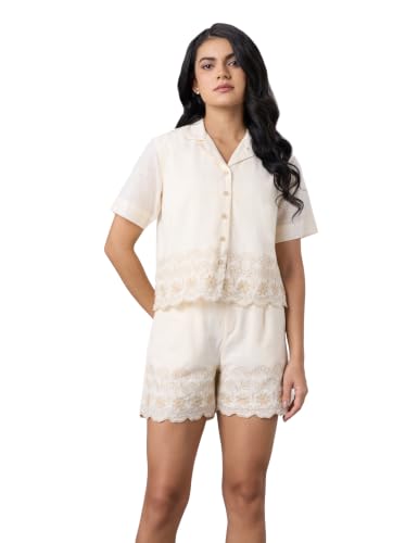 Image of Symbol Premium Women's Embroidered Cotton Co ord Set | Shirt & Shorts with Embroidery |Relax Fit | Casual Summer Travel Outfit (Available in Plus Sizes)