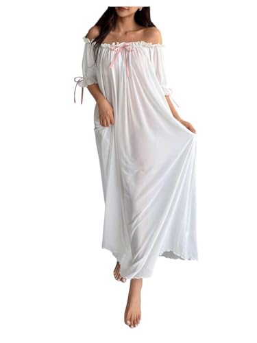 OYOANGLE Womens Off the Shoulder Sheer Nightgowns Bow Short Puff Sleeve Maxi Nightdress Sleepwear White X-Large