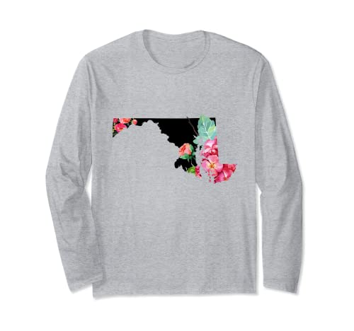 Maryland Vintage Rose State Map Orgullo Patriótico Floral Manga Larga