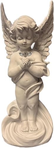 eberin365 GRABWELT Ange funéraire gracieux XL de 29 cm avec croix argentée | Ange pleurant aux yeux fermés pour une conception paisible de tombe