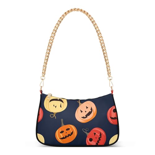 Halloween Spooky Jack Lantern Pumpkins Medium Handbag Tote Womens Shoulder Handbag Aesthetic Retro Formal Purse Hobo Zipper Closure Chain Strap