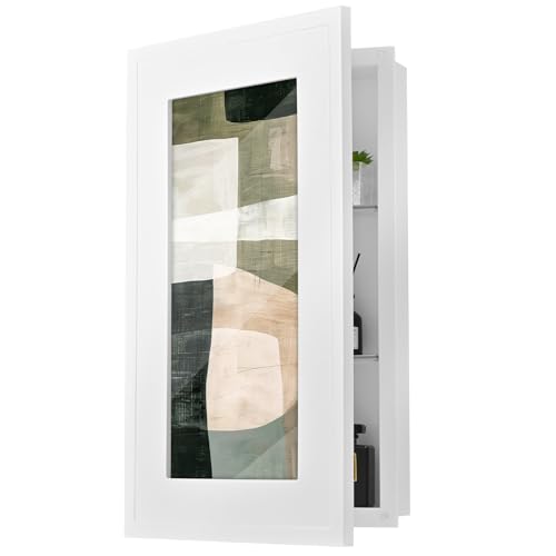 Concealed Medicine Cabinet 14×24 Recessed, Picture Frame Medicine Cabinet, Farmhouse White Wood Frame, 3 Shelves, 100% Handmade, Fully Assembled Wall Niche Insert For Bathroom,Bedroom,Hallway(White)