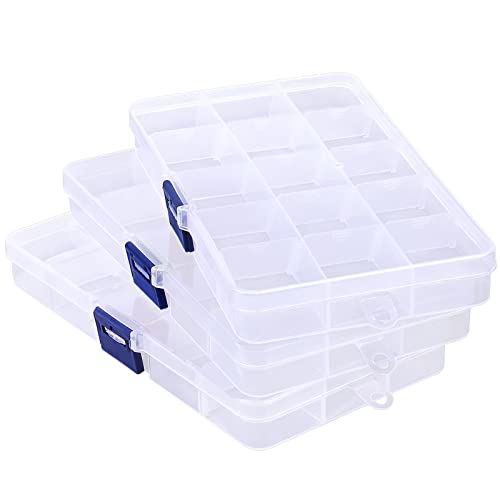 Cosics Fake Nail Storage Box, 3PCS 15-Grid Rhinestone Organizer Case with Divider, Clear Plastic Empty Container for Art Craft Sewing Screw Rock Collection Fishing Tackle, Bead Jewelry Display Holder