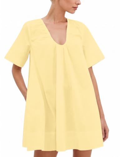 Image of Women Summer Sleeveless Babydoll Mini Dress Scoop Neck Loose Fit Tank Dresses Party Ruched Short Dress with Pockets