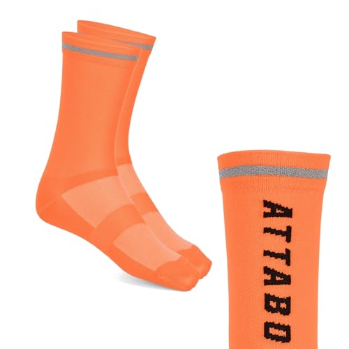 ATTABO - ATTABO Maxis Visible Pro - Chaussettes de cyclisme techniques Mid avec éléments réfléchissants, aérées, ajustées, résistantes, antidérapantes, sportives, Orange, S