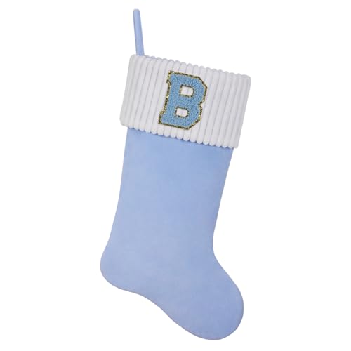 Shgngle 20 Inches Letter Embroidered Christmas Stocking,Personalized Light Blue Velvet Christmas Stocking,Family Holiday Decorations and Xmas Gift(B)