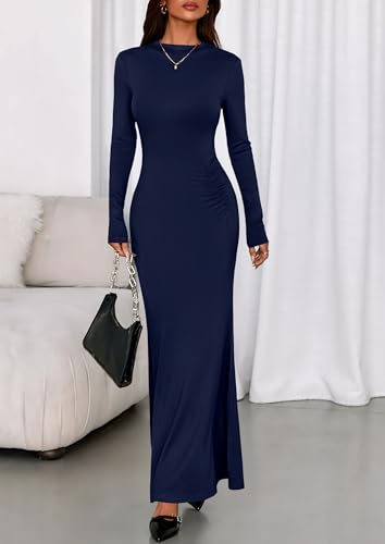 PRETTYGARDEN Fall Dresses for Women 2025 Long Sleeve Bodycon Mock Neck Ruched Maxi Formal Cocktail Wedding Guest Dress3