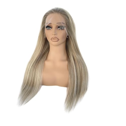 Image of Highlight 13x4 HD Lace Front Wig Human Hair 22 Inch Balayage Ash Brown to Beige Blonde to Platinum Blonde Human Hair Lace Frontal Wig for White Women Glueless Wigs 180% Density Colored Remy Hair Wigs
