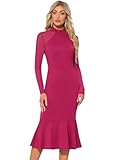 Allegra K Women's Sheer Mesh Bodycon Dress Long Sleeve Mock Neck Elegant Cocktail Mermaid Dresses X-Small Rose Red