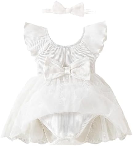 TENTIDE Baby Girl Romper Dress Ribbed Newborn Lace Boho Tutu Dresses Headband Baptism Photography Wedding Summer Outfit 0-24M(6-12 Months,White)