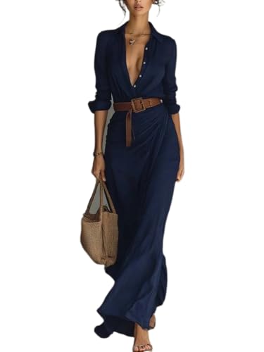 Flowy Maxi Dress for Women V-Neck Button Down Asymmetrical Ruffle Belted Boho Gown