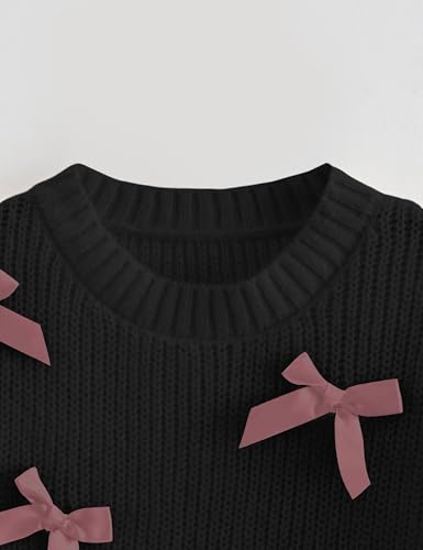 Image of Women's Sweaters Knitted Crewneck Puff Bubble Short Sleeve Pullover Tops Casual Bow T Shirts Chic Blouses