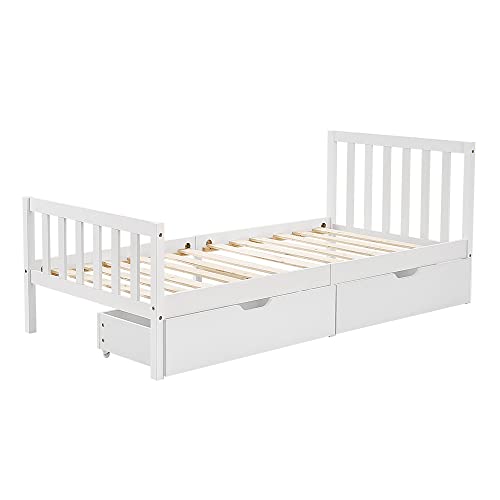 (Without Bed) Storage Bed Drawer Under Bed Drawer Solid Pine Wood Drawers for Single Double Bed, Interior Storing Drawers, 2 Drawers, White(Without Bed)
