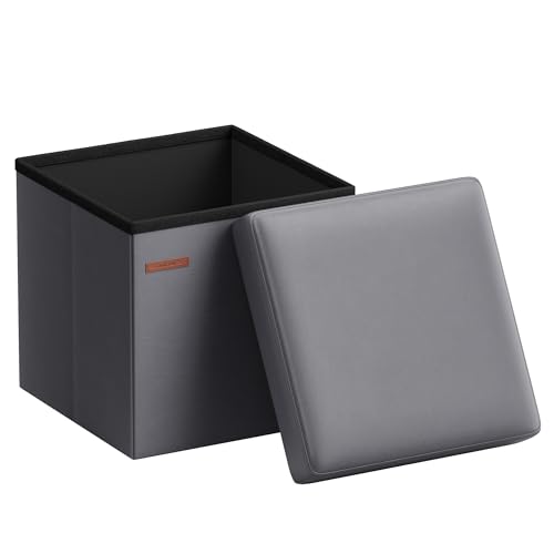 SONGMICS Sitzhocker 38 cm, Aufbewahrungsbox faltbar, Fußhocker mit Deckel, aus Kunstleder, bis 300 kg belastbar, für Eingang, Wohnzimmer, Schlafzimmer, schiefergrau LSF010G01