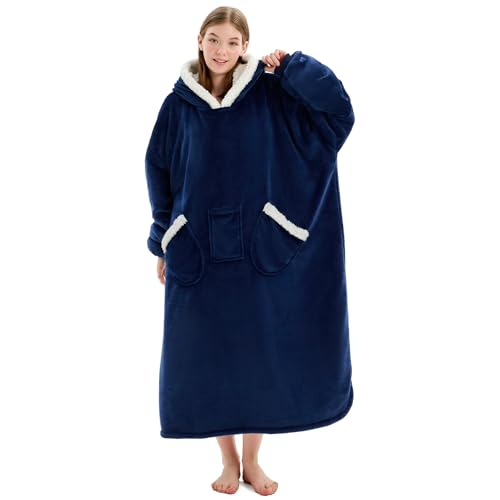 L'AGRATY Oversized Wearable Blanket Hoodie for Adults: Oversized Sherpa Fleece Hoodie Blankets with Giant Hood Pocket for Women Men - Cozy Warm Wearable Blanket Hoodies Sweatshirt for Gifts(Navy Blue)