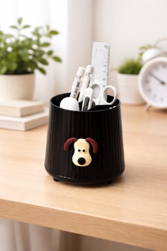 Image of AccuPrints Sumiko Plastic Desk Organiser Pen Holder with Dog Design, Semicircular Shape, 11.5 x 10.5 cm, 4 Compartments, Matte Finish (Black)