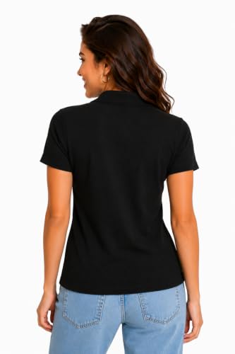 Image of Women's Ribbed V Neck Collared, Casual Short Sleeve Polo Top, Stretch Knit, Soft Lightweight Summer Basic Tee for Office, Work, Travel