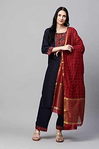Image of GoSriKi Women's Cotton Straight Kurta with Palazzo & Dupatta (Morning Dark Blue)