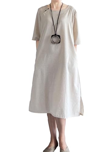 Image of Minibee Women's Summer Casual Midi Dresses Cotton Linen Short Sleeve Flowy A-Line Dresses with Pockets