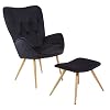 De Albatros-oorfauteuil met YORK-kruk, zwart, fluwelen hoes, comfortabel gestoffeerd, tv-fauteuil, gestoffeerde fauteuil