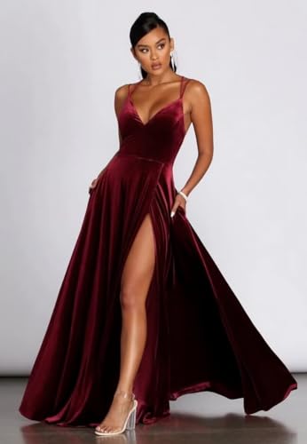 Fivsole Women's Long Velvet Bridesmaid Dress V-Neck Formal Evening Velvet Gowns with Slit with Pockets4