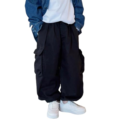 Boys Baggy Cargo Pants Casual Loose Fit Parachute Pant Fashion Harem Joggers Sweatpants with Pockets 13-14 Years 12 Black