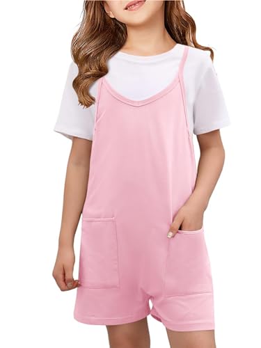 CharmWM Girls Summer Jumpsuits Spaghetti Strap Sleeveless Loose Romper Short Pants with Pockets 5-14 Years