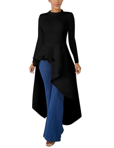 Lrady Women Ruffle High Low Asymmetrical Long Sleeve Peplum Tops Blouse Shirt Dress3