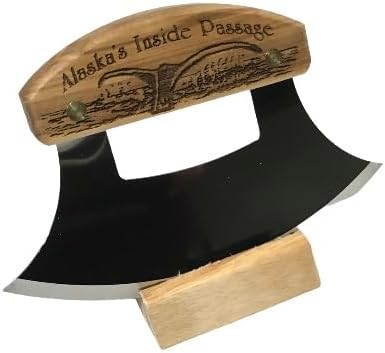 The Ulu Factory Alaska Birch Ulu Knife 6" Stainless Steel Blade with Block Wood Stand Inside Passage Whale Tail
