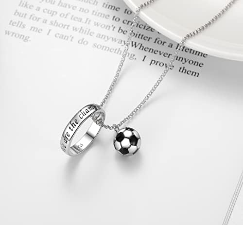 925 Sterling Silver 3D Football & Ring Pendant Necklace for Women Men - Soccer Ball Charm Ring Necklaces for Boys Girls We Are The Champions Theme Gifts Jewelry
