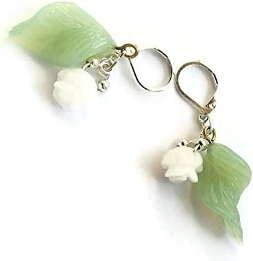 Floral Earrings White Jade Rose Flower Sterling Silver Leverback Vintage Jade Color Green Glass Leaves - Image 5
