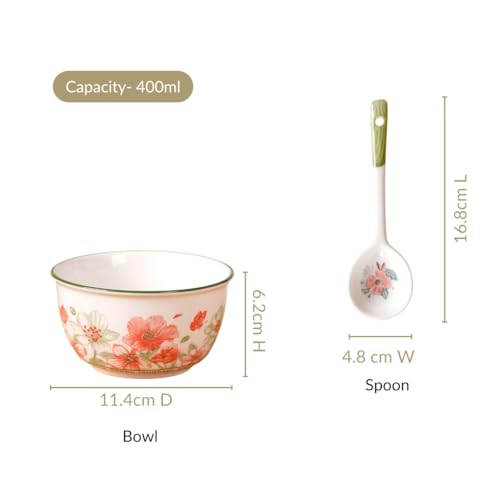 Image of Nestasia Ceramic Soup Bowl with Spoon Set of 4 (400ml Each) - Floral Microwave & Dishwasher Safe Bowl Set for Serving Soup, Curry, Custard, & Dessert - Perfect for Gifting & Daily Use