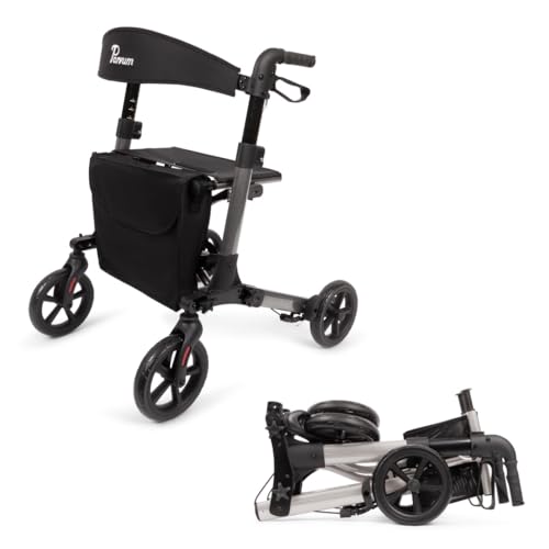 Parvum Brava Rollator – Leicht, stabil & 3-fach faltbar – Mit integriertem Bremssystem, Sitz, Rückenlehne, Tasche, Stockhalter & semi-soft Rädern – nur 6,8 kg – Gehhilfe für Senioren - Anthrazit