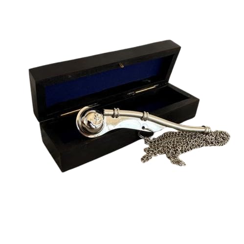 Brass Boatswain Whistle w Chain & Wood Box - Bosun Call Pipe Necklace - Navy Captain - Old Vintage Style - Nautical Maritime (Chrome/Black)