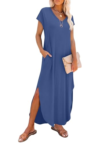 Image of RUMIA Summer Maxi Dresses for Women Cap Sleeve Long Sundress with Pockets