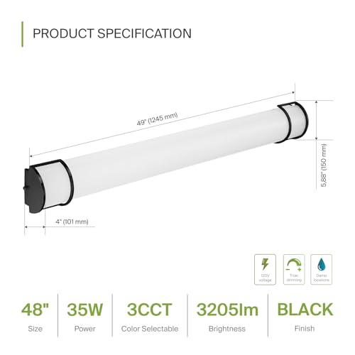 Image of ASD LED 48 inch Vanity Flush Mount Light Fixture, Linear Bathroom Lighting Bar | 3CCT, Dimmable, Energy Star, ETL Listed | 35W 3200LM 3000-5000K 120V | Long Bath Wall Sconce Over Mirror | Black, 2 Pack