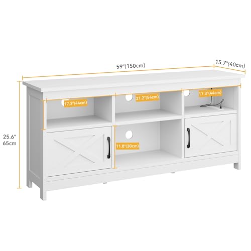 DWVO Farmhouse TV Stand for TVs Up to 65 Inch, Entertainment Centre with LED Light, TV Table with Power Outlet, TV Console for Living Room Bedroom, 59 Inches White