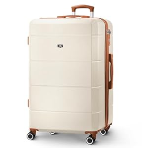LUGG - Jetset 28 Inch Large Suitcase – Lightweight Hard Shell Luggage with TSA Lock – Water-Resistant ABS Spinner Suitcase – 4 Wheels – 75x49x29cm Travel Bag- Cream/Brown