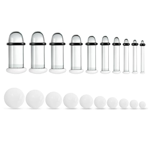 Casvort 20 PCS Unique 0.5mm Increments 14G-2g Comfy Pain-free Single Flare Pure White Glass Dead Stretching Plugs, Hypoallergenic Body Piercing Tapers, Pierced Ear Lobe Stretching Kits.