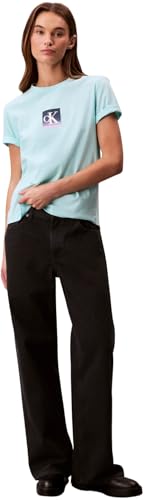 Calvin Klein Damen T-Shirt Kurzarm Classic Boxed Monogram mit Logo, Türkis (Tahiti Turquoise), XS – Ansicht 6