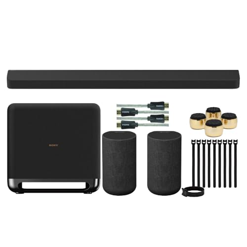 Sony HT-A9000 BRAVIA Theater Bar 9 with Dolby Atmos and 360 Spatial Sound Mapping (Black) Bundle with Wireless Subwoofer, Rear Speakers, Isolation Feet, HDMI Cable, and Fastening Cable Ties (6 Items)