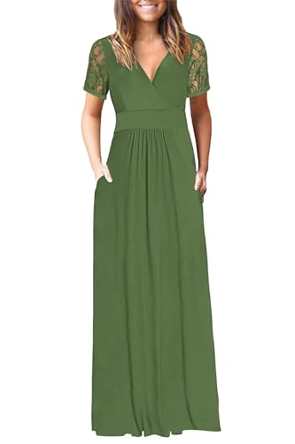 Image of AUSELILY Maxi Dresses for Women Summer Lace Short Sleeve V Neck Wrap Dress | Lace Short Sleeve, Two Pockets, V-Neck Wrap Waist Long Dress
