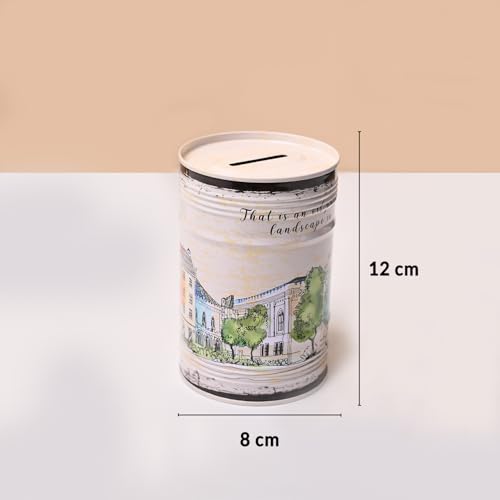 Image of Market99 Round Money Bank | White Tin Coin Bank with Glossy Finish & Vintage Theme Print | Stylish Piggy Bank for Kids & Adults | Decorative Savings Box for Home, Office Desk & Gifting Use