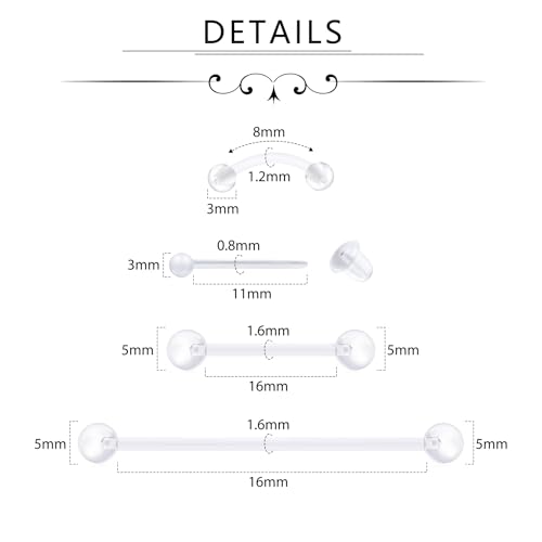 D.Bella Mix Style Clear Piercing Kit Retainer Flexible Lip Nose Eyebrow Nipple Tongue Belly Button Rings Piercing Retainer Bioflex Plastic Industrial Barbell Piercing Retainer3