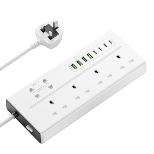 Image of Extension Lead with USB Slots, VoltFlow 4 Way Plug Extension Socket with 8 USB Ports, 1.8M Extension Cable with Switch 13A 3250W Overload Protection Power Strip for Home, Kitchen, Office