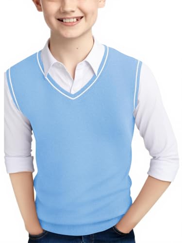 Haloumoning Boys Sweater Vest Kids Uniform Vest Casual V Neck Knit Pullover Sweater 5-14Y Sky Blue