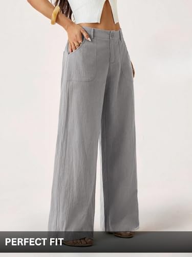 Image of GRECIILOOKS Beige Wide Leg Linen Trousers for Women | High Waist Cotton Baggy Korean Style Casual Pants | Comfortable Formal & Casual Women Trousers