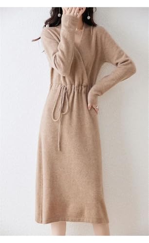 Women's V-Neck Pullover Dress 100% Merino Wool Long Sleeve Sweater Skirt with Waist Tie Autumn Winter Outfit3