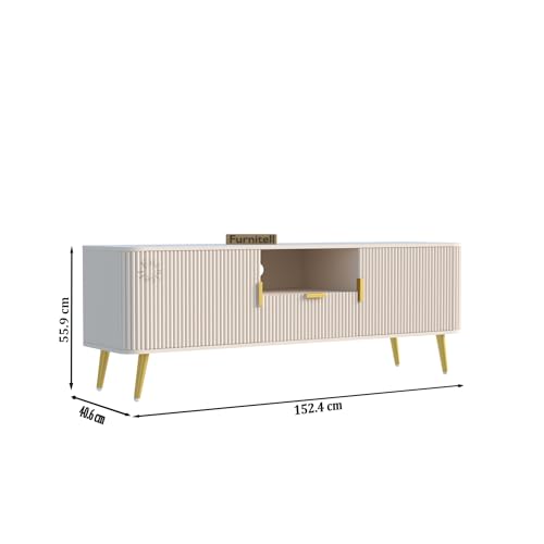Image of Luxury 60 Inch TV Unit for Living Room, Modern White HDMR Wood TV Cabinet for 55-75 Inch TV, Entertainment Console Table with 1 Drawer, 2 Doors & Open Shelf Storage (Iron Legs)